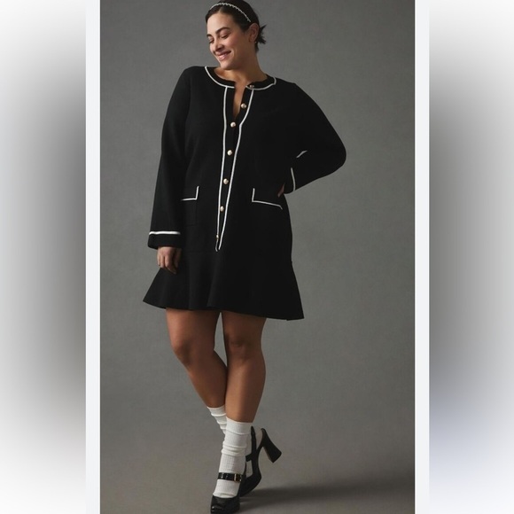 NWOT Anthropologie Endless Rose Mini Sweater Dress in Black Sz L PETITE - Picture 1 of 11